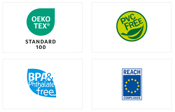 Certifications : Oeko-Tex Standard 100, PVC Free, BPA Phthalate Free, REACH Compliance